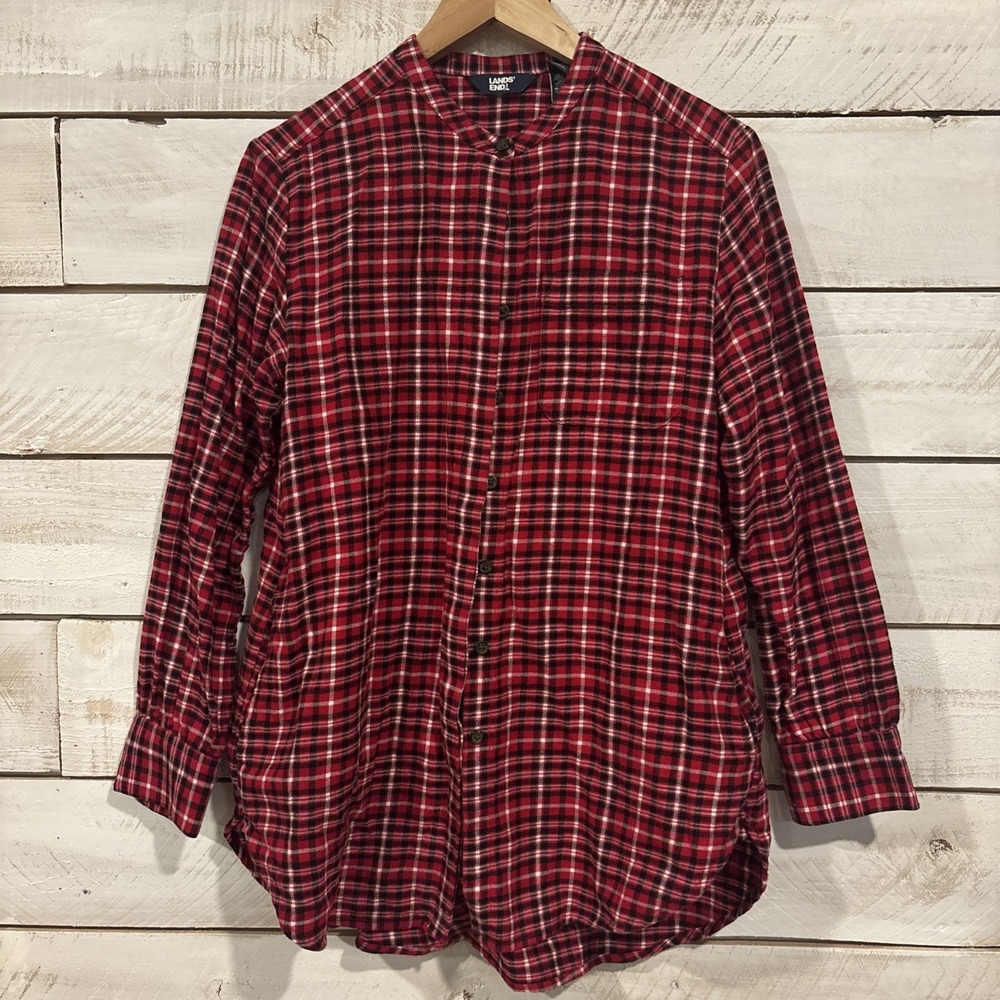 Lands End Tunic Top Womens S Red Plaid Flannel A Line Pockets‎ Long Sleeve Shirt